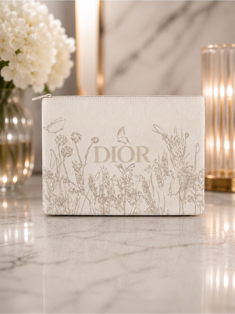 Christian Dior Embossed Floral Canvas Cosmetic Pouch Botanical Print | Brand New